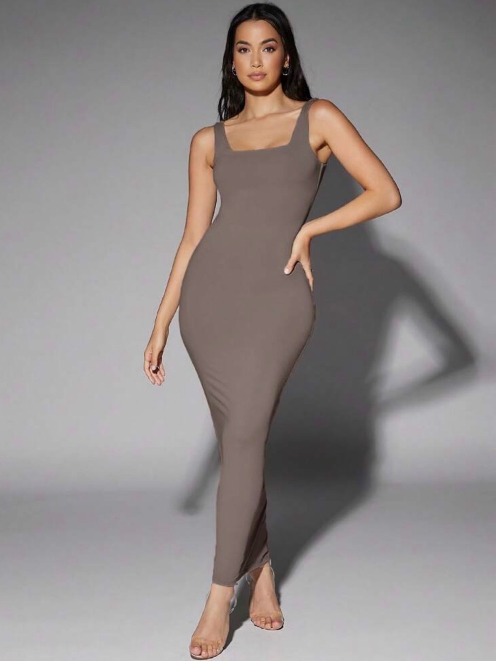 Sleek Taupe Maxi Bodycon Dress with Square Neck